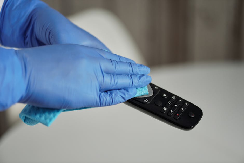 A person wearing blue disposable gloves is using a blue microfiber cloth to clean the remote control placed on a white surface—possibly a table or countertop—in a residential setting. The remote f