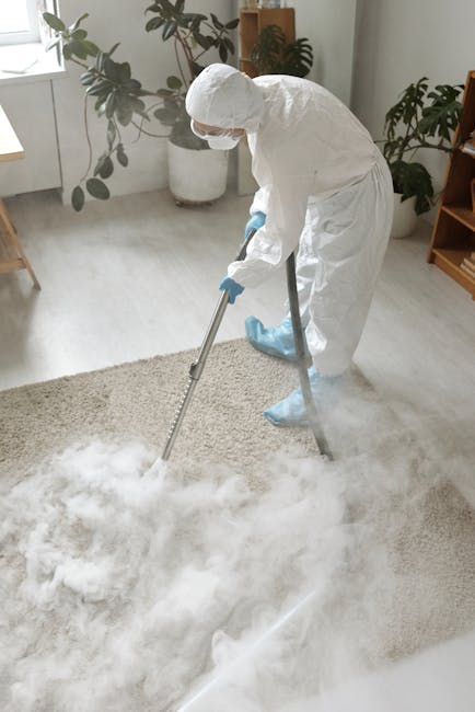 A person using a black vacuum cleaner with a flat head attachment to clean an ornate, patterned carpet in a residential or commercial setting. The carpet features floral motifs in muted shades of gree